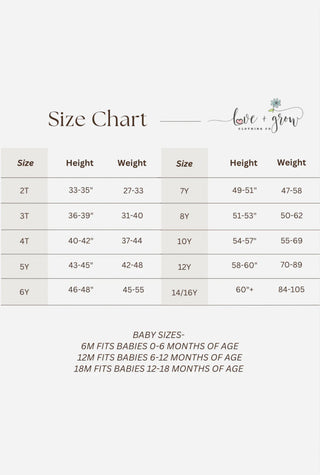 Size chart for children's clothing with height, weight, and size information.