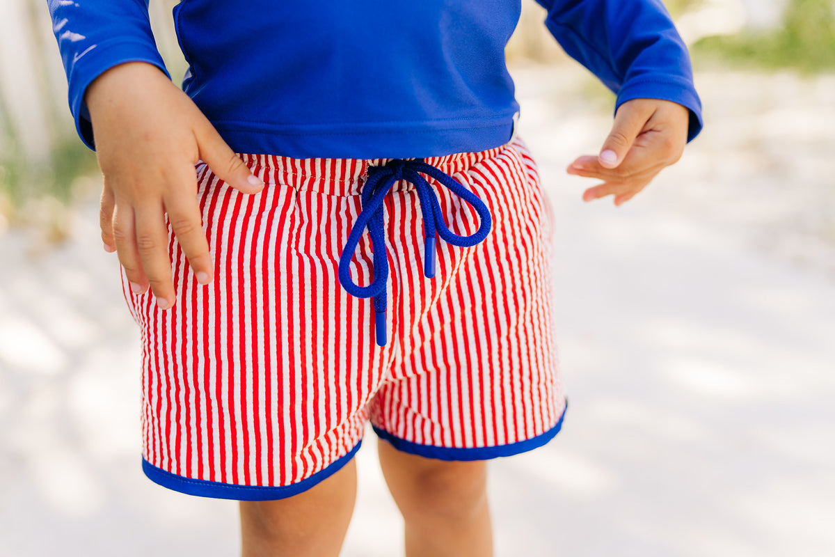 Red Stripe Seersucker Boy Swim Shorts