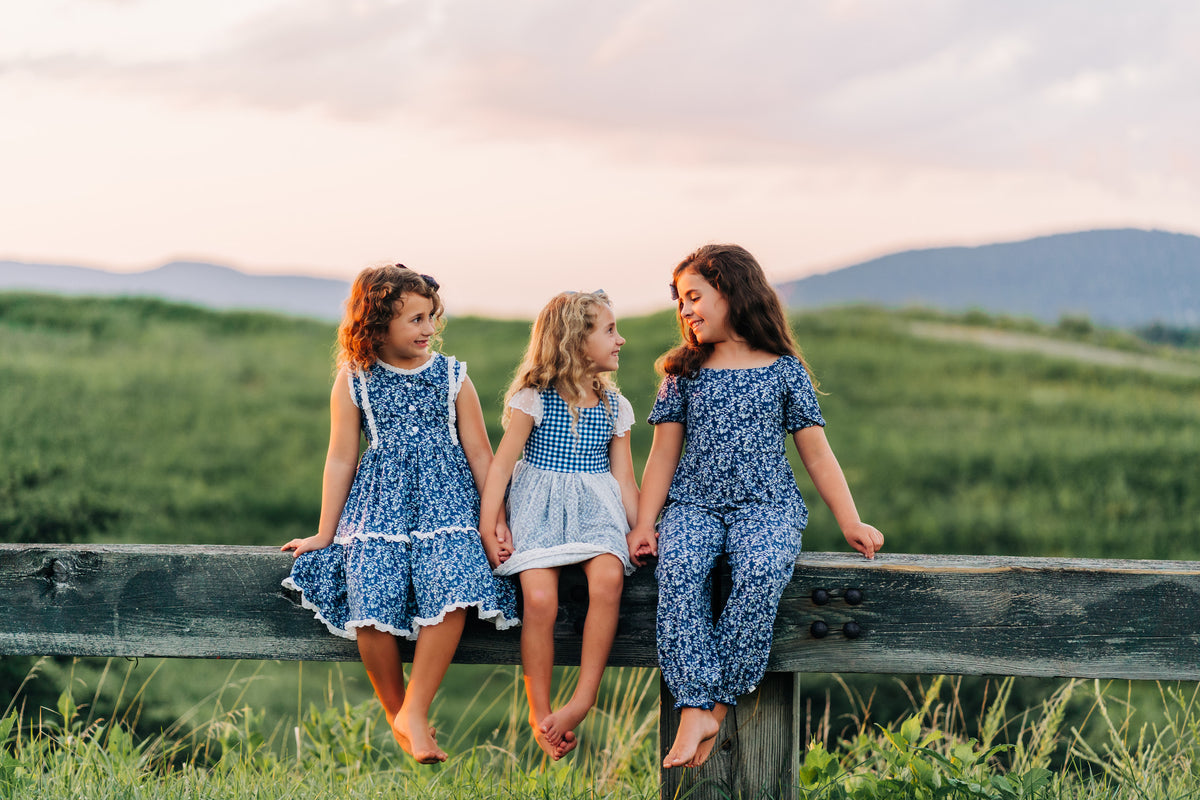 Midnight Blues Gingham and Lace Tunic Set