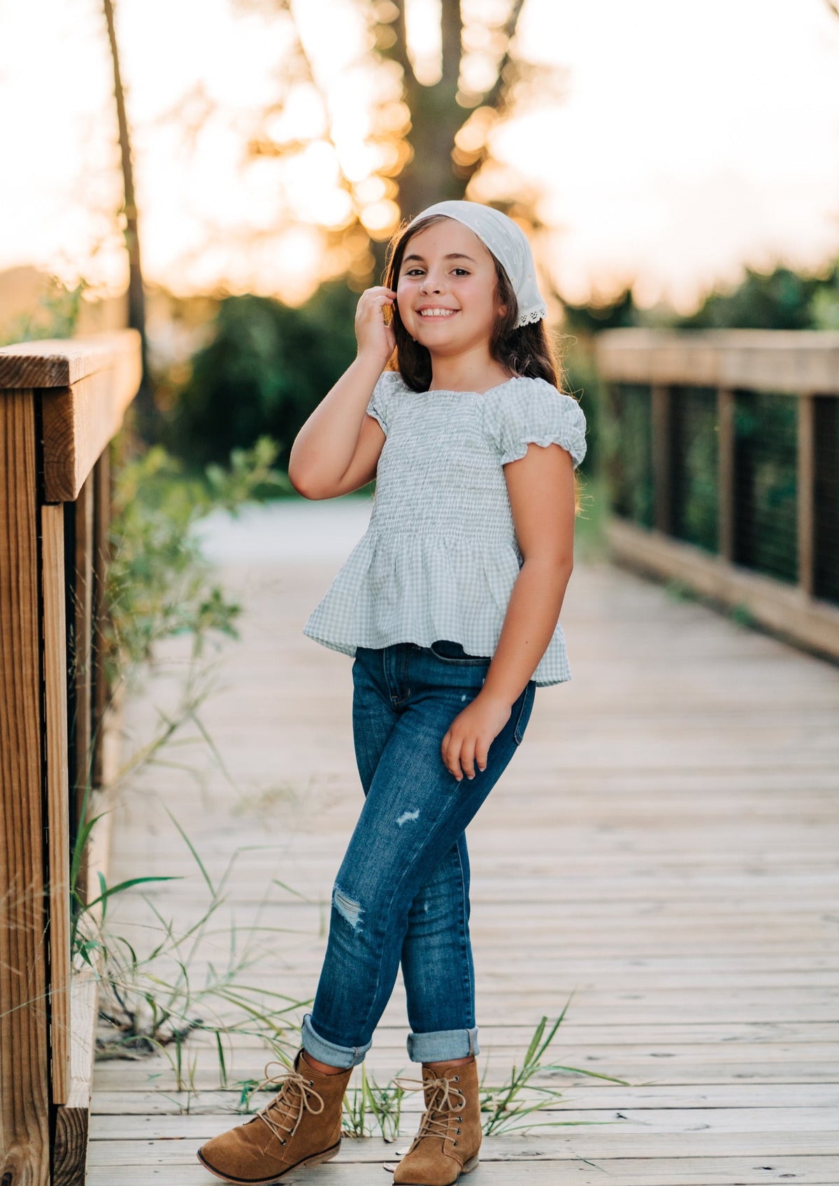 Sage Smocked Gingham Shirt