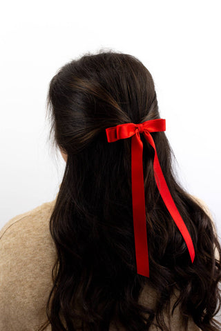 Long Matte Satin Hair Bow Barrette: Red