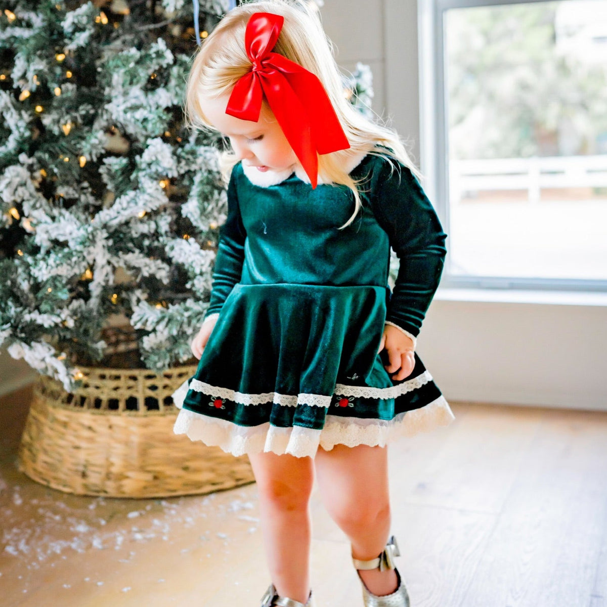 Evergreen Velvet Dress and Bloomer Set