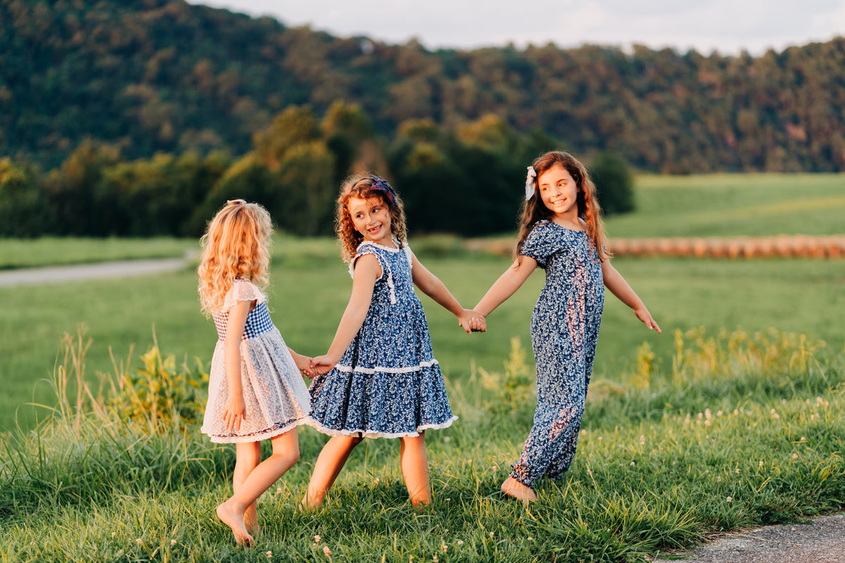 Midnight Blues Gingham and Lace Tunic Set