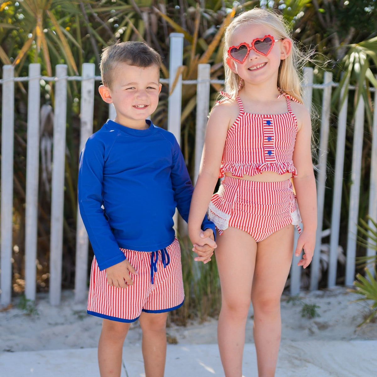 Red Stripe Seersucker Boy Swim Shorts