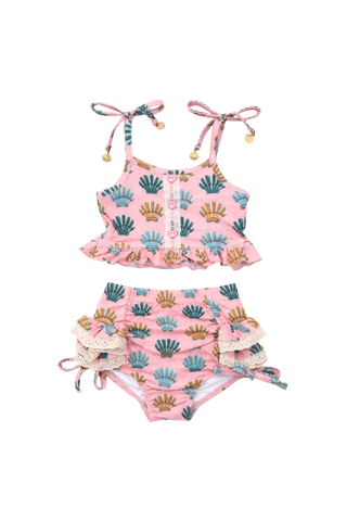 Two-piece swimsuit with shell pattern on a white background