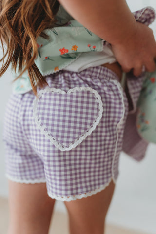 gingham shorts with heart shaped pocket