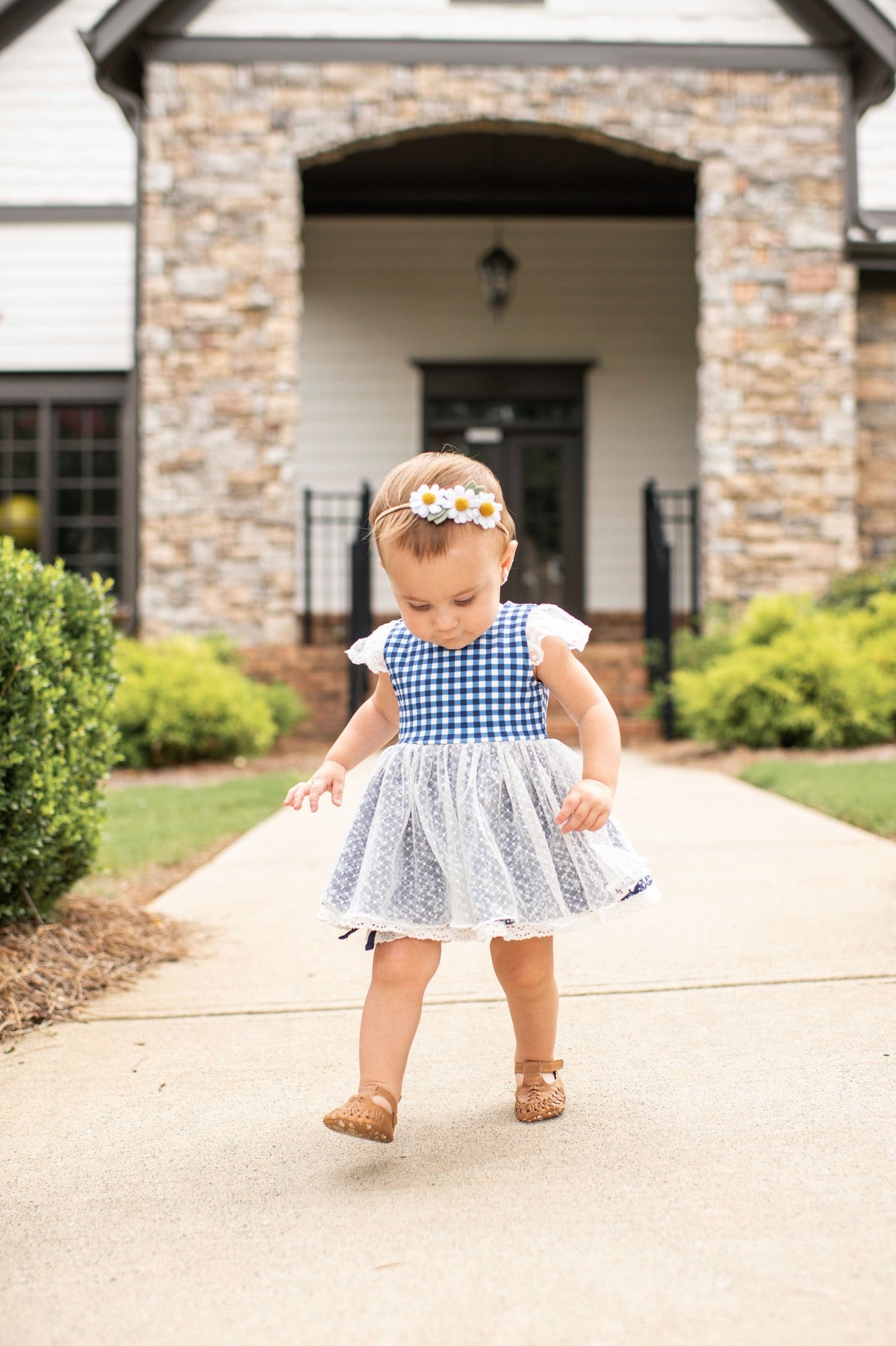 Midnight Blues Gingham and Lace Tunic Set