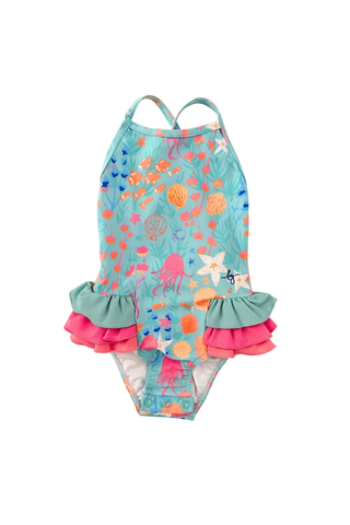 Children's swimsuit with floral and animal pattern on a white background