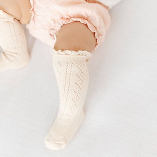 Fancy Knit Lace Top Knee High Socks ~ Vanilla