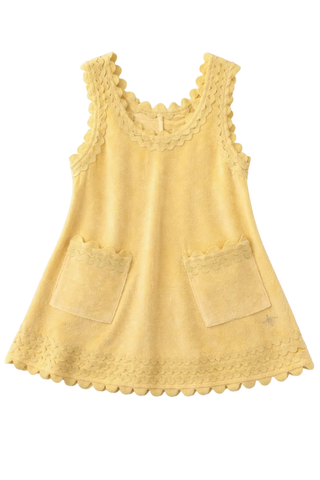 Yellow sleeveless top with lace details on a white background