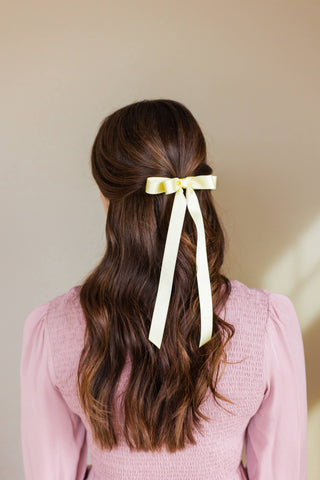 Long Matte Satin Hair Bow Barrette -Ivory