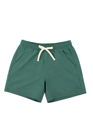 Green shorts with a beige drawstring on a white background