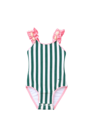 Green and white striped swimsuit with pink ruffles on a white background