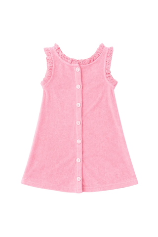 Pink dress with buttons and ruffled neckline on a white background
