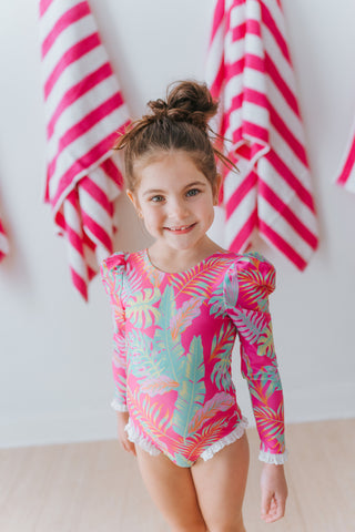 Pink Palm Paradise One Piece Rashguard Suit
