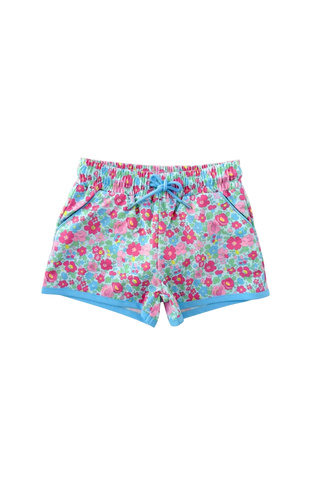 Floral shorts with a blue drawstring on a white background
