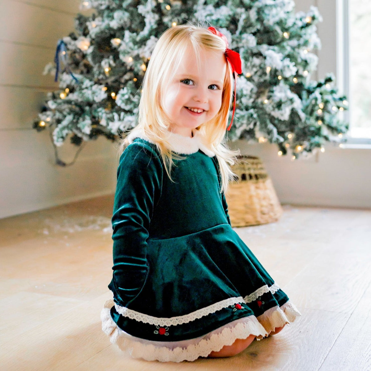 Evergreen Velvet Dress and Bloomer Set