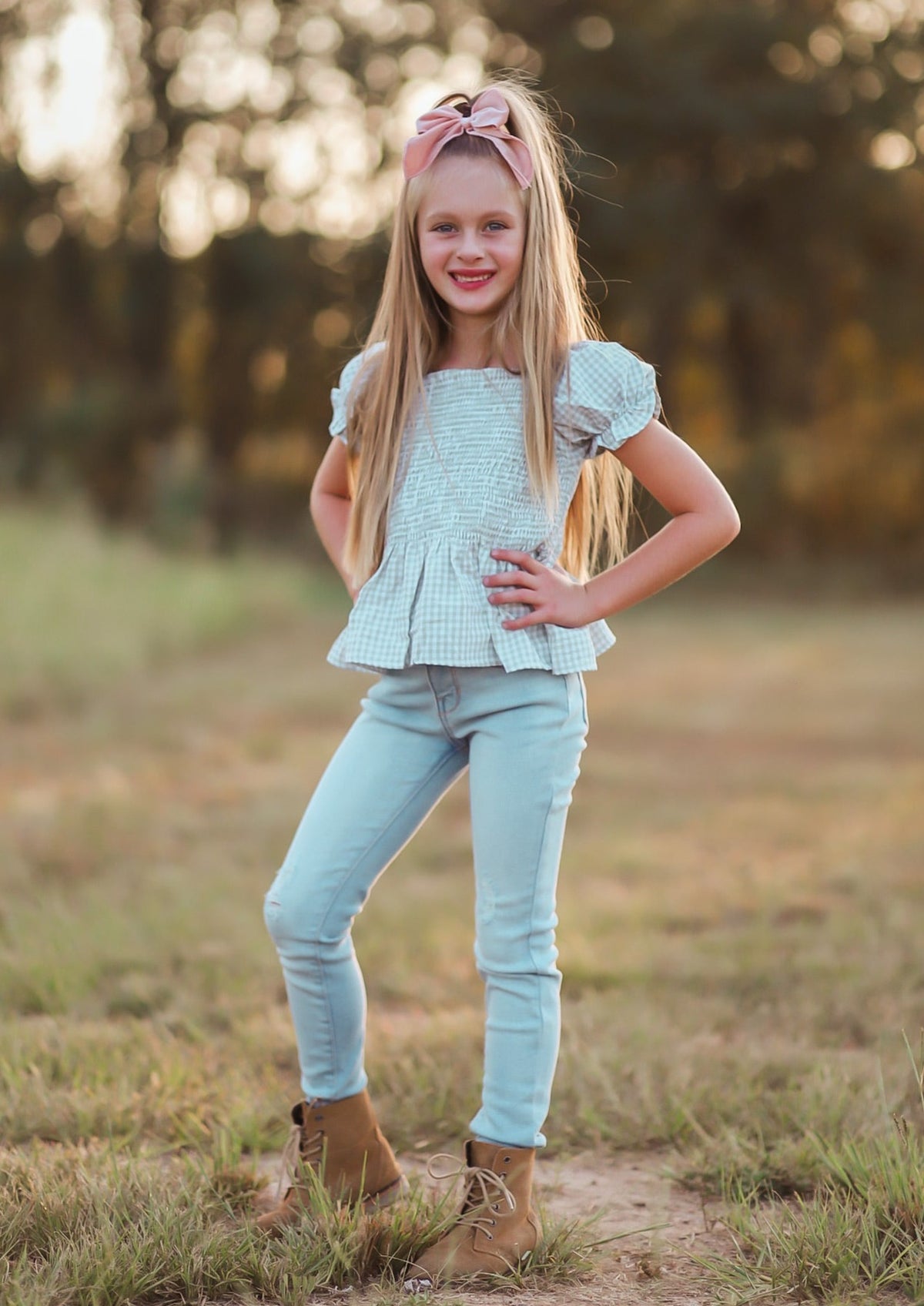 Sage Smocked Gingham Shirt