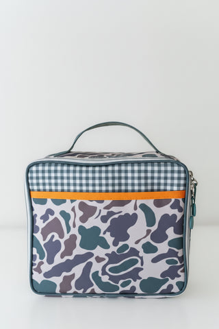 Camouflage-patterned lunch bag with checkered top section on a white background