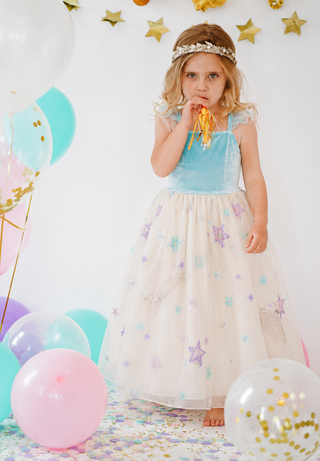 Girls Blue Birthday Maxi Dress | Velvet Bodice & Tulle Skirt