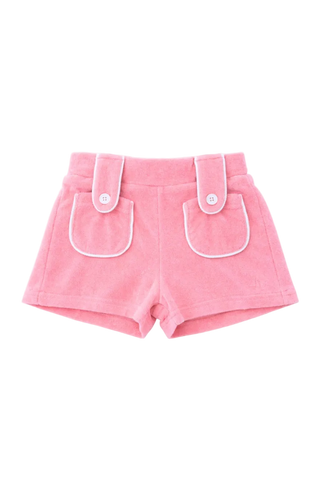 Pink shorts with white trim on a white background
