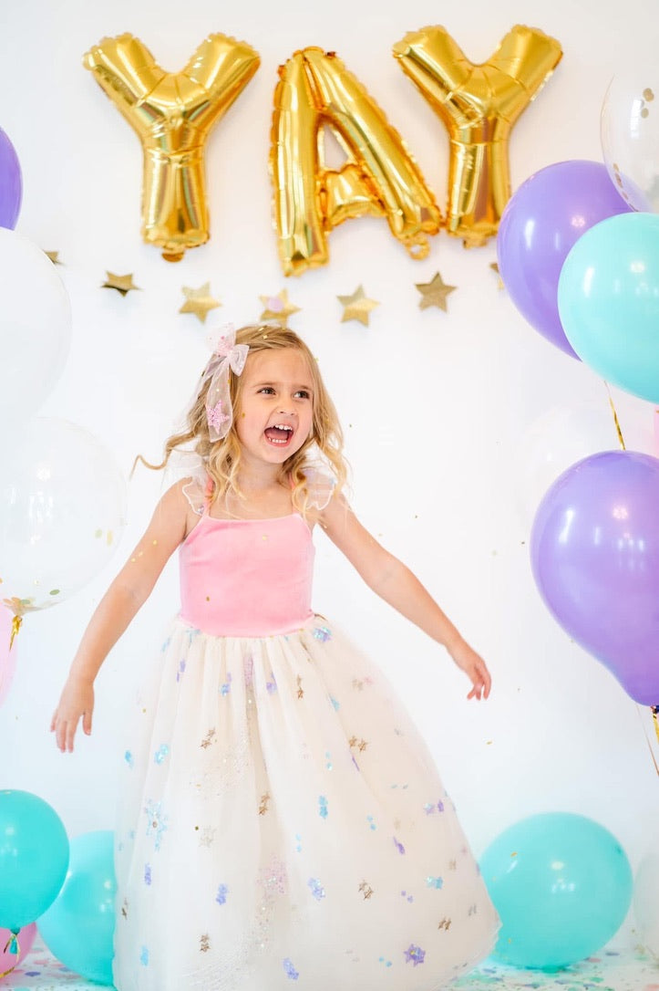 Girls Pink Birthday Maxi Dress | Velvet Bodice & Tulle Skirt