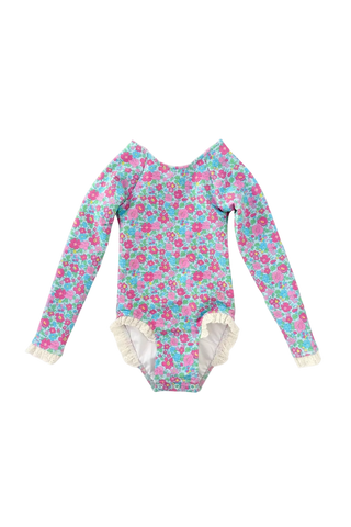 Floral patterned baby onesie with long sleeves on a white background