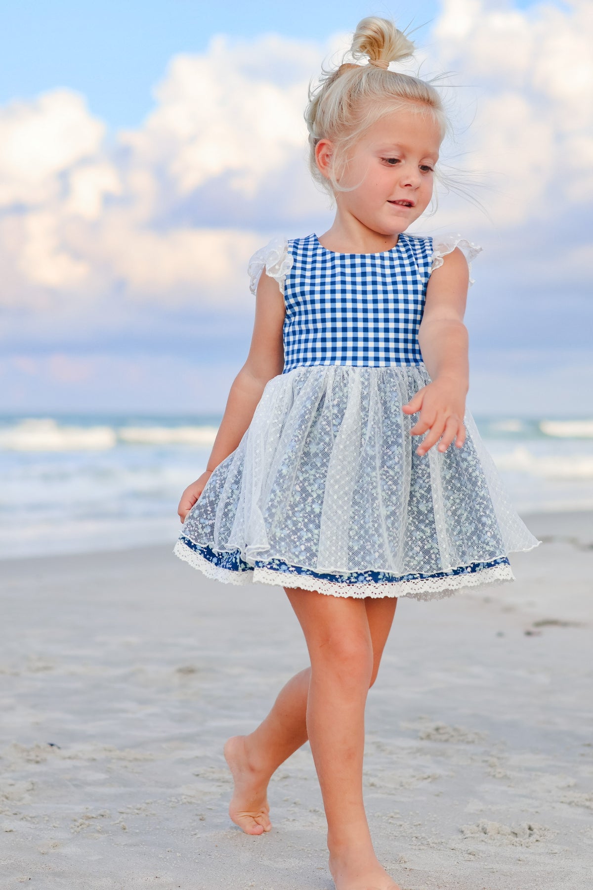 Midnight Blues Gingham and Lace Tunic Set