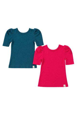 Puff Sleeve Heart Pointelle Layering Shirt Bundle ~ Blue Spruce and Mulberry