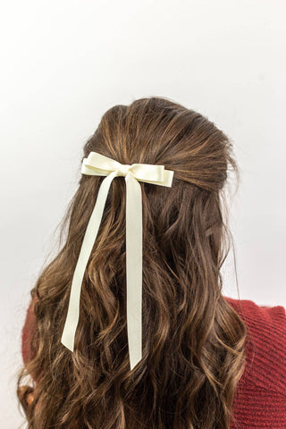 Long Matte Satin Hair Bow Barrette -Ivory