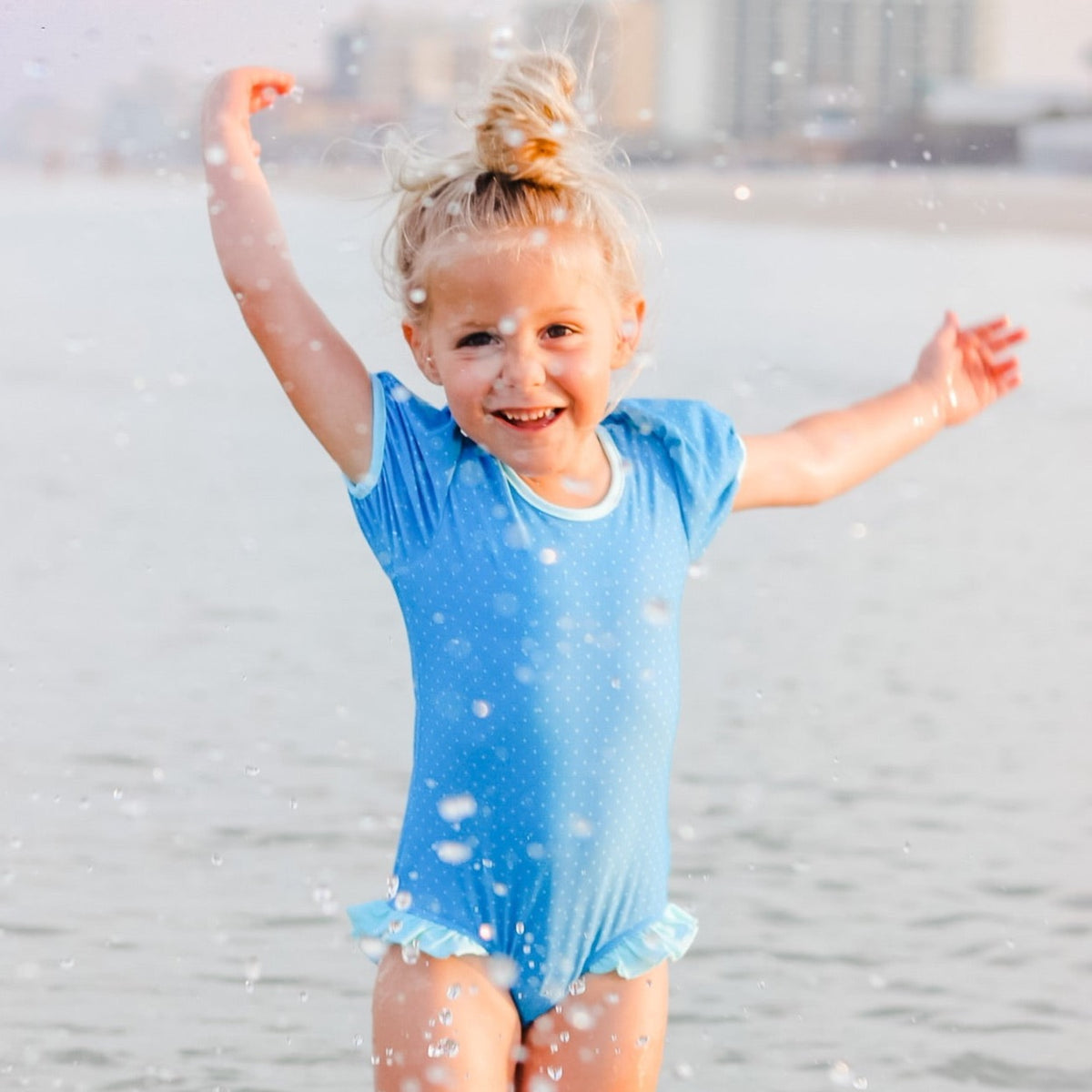 Girls Blue Horizon Puff Sleeve One Piece