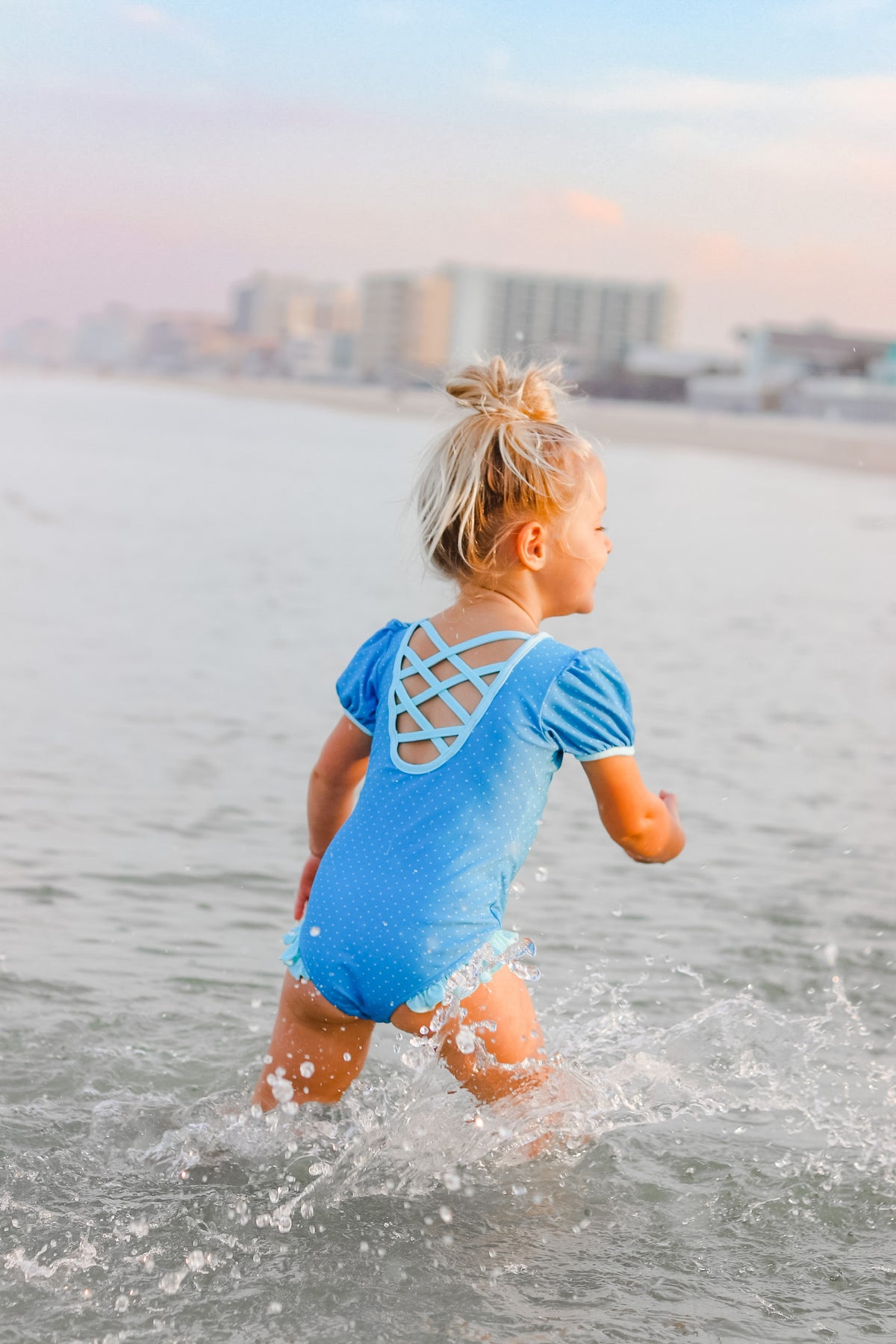 Girls Blue Horizon Puff Sleeve One Piece